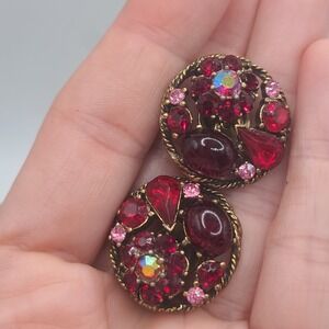 Vintage‎ Weiss Earrings Red Signed Gold Tone Clip Ons